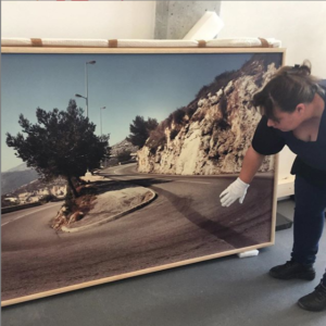 Inspection of one panel of Two Roads upon arrival at the FRAC Meca in Bordeaux